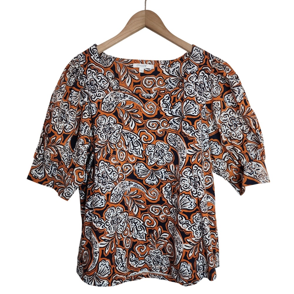 Chico's Blouse‎ Women XL Orange Paisley Floral Puff Sleeve Knit Top Size 3